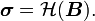 \ \boldsymbol{\sigma} = \mathcal{H}(\boldsymbol{B}).