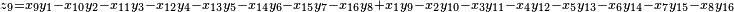 \,^{z_9 = x_9 y_1 - x_{10} y_2 - x_{11} y_3 - x_{12} y_4 - x_{13} y_5 - x_{14} y_6 - x_{15} y_7 - x_{16} y_8 + x_1 y_9 - x_2 y_{10} - x_3 y_{11} - x_4 y_{12} - x_5 y_{13} - x_6 y_{14} - x_7 y_{15} - x_8 y_{16}}