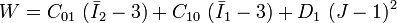 W = C_{01}~(\bar{I}_2 - 3) + C_{10}~(\bar{I}_1 - 3) + D_1~(J-1)^2