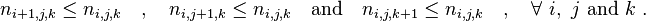 n_{i+1,j,k} \leq n_{i,j,k}\quad,\quad
n_{i,j+1,k} \leq n_{i,j,k}\quad\text{and}\quad
n_{i,j,k+1} \leq n_{i,j,k}\quad,\quad \forall\ i,\ j \text{ and } k\ .
