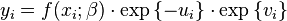 y_i = f(x_i ;\beta ) \cdot \exp \left\{ { - u_i } \right\} \cdot \exp \left\{ {v_i } \right\}