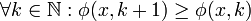 \forall k \in \mathbb{N} : \phi(x,k+1) \geq \phi(x,k)
