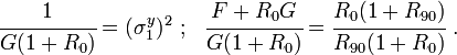 \cfrac{1}{G(1+R_0)} = (\sigma_1^y)^2 ~;~~ \cfrac{F+R_0 G}{G(1+R_0)} = \cfrac{R_0(1+R_{90})}{R_{90}(1+R_0)} ~.