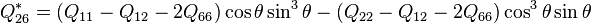 Q^*_{26} = (Q_{11} - Q_{12} - 2 Q_{66})\cos\theta \sin^3 \theta - (Q_{22}-Q_{12}-2Q_{66})\cos^3 \theta \sin \theta