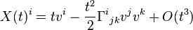 X(t)^i=tv^i-\frac{t^2}{2}\Gamma^i{}_{jk}v^jv^k+O(t^3)