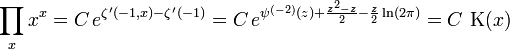 \prod _x x^x= C\, e^{\zeta^\prime(-1,x)-\zeta^\prime(-1)}= C\,e^{\psi^{(-2)}(z)+\frac{z^2-z}{2}-\frac z2 \ln (2\pi)}= C\, \operatorname{K}(x) \,