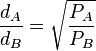 \frac{d_A}{d_B} = \sqrt{\frac{P_A}{P_B}}