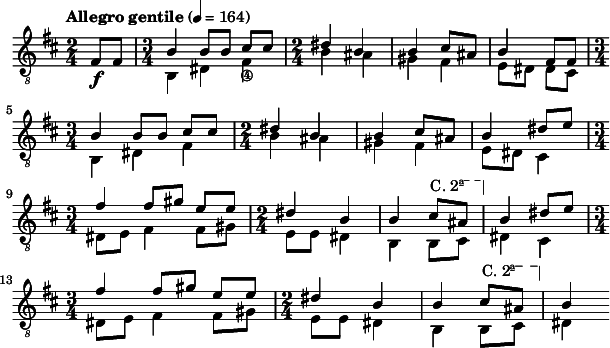 
\version "2.16.2"
\header { tagline = "" }
foo = \relative c \new Staff {
  \key d \major \time 2/4 \clef "treble_8"
  \set Staff.midiInstrument = "acoustic guitar (nylon)"
      \overrideTimeSignatureSettings
        3/4       &nbsp;% timeSignatureFraction
        1/4       &nbsp;% baseMomentFraction
        #'(1 1 1)   &nbsp;% beatStructure
        #'()      &nbsp;% beamExceptions
  \tempo "Allegro gentile" 4 = 164

  \partial 4 fis8\f fis \time 3/4
  << {
  \override TextSpanner #'dash-fraction = #'()
  \override TextSpanner #'font-shape = #'upright
  \override TextSpanner #'(bound-details left text) = \markup { "C. 2ª" }
  \override TextSpanner #'(bound-details right text) = \markup { \draw-line #'(0 . -2) }
  \override TextSpanner #'(bound-details right padding) = #-3
  \override TextSpanner #'(bound-details left stencil-align-dir-y) = #0.8

    b4 b8 b cis cis | \time 2/4 dis4 b | b cis8 ais | b4
    fis8 fis | \break \time 3/4 b4 b8 b cis cis | \time 2/4 dis4 b | b cis8 ais | b4
    dis8 e | \break \time 3/4 fis4 fis8 gis e e | \time 2/4 dis4 b | b cis8 \startTextSpan ais \stopTextSpan | b4
    dis8 e | \break \time 3/4 fis4 fis8 gis e e | \time 2/4 dis4 b | b cis8 \startTextSpan ais \stopTextSpan | b4
  } \\ {
    b,4 dis fis_\4 | b ais | gis fis | e8 dis
    dis cis | b4 dis fis | b ais | gis fis | e8 dis
    cis4 | dis8 e fis4 fis8 gis | e e dis4 | b b8 cis | dis4
    cis4 | dis8 e fis4 fis8 gis | e e dis4 | b b8 cis | dis4
  } >>
}
\score {
  \foo
  \layout {
    indent = 0\cm
    line-width = #150
  }
  \midi {}
}
