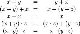 \begin{matrix}
x + y &=& y + x\\
(x+y)+z&=& x+(y+z)\\
x+x&=&x\\
(x+y)\cdot z &=& (x\cdot z) + (y\cdot z)\\
(x \cdot y)\cdot z &=& x \cdot (y \cdot z)
\end{matrix}