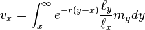 v_x = \int_{x}^{\infty} e^{-r(y-x)} \frac{\ell_{y}}{\ell_{x}} m_{y} dy