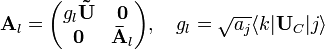 \mathbf{A}_{l} =
\begin{pmatrix}
g_{l}\mathbf{\tilde{U}} & \mathbf{0} \\
\mathbf{0} & \mathbf{\bar{A}}_{l}
\end{pmatrix},\quad g_{l} = \sqrt{a_{j}}\langle k|\mathbf{U}_{C}|j\rangle