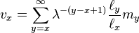 v_x = \sum_{y=x}^{\infty} \lambda^{-(y-x+1)} \frac{\ell_{y}}{\ell_{x}} m_{y}