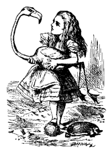 Illustration of Alice holding a Flamingo, standing with one foot on a curled-up hedgehog with another hedgehog walking away