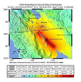 A large red circle which mark the area where the quake felt stronger. A star mark the epicenter.
