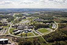 aerial view of a cluster of buildings surrounded by forest