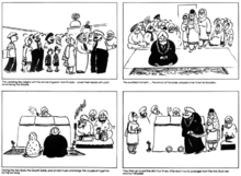 Four rectangular frames depict the events of a Sikh wedding; everyone sits cross-legged on the floor as the groom awaits his bride. When she arrives, they take their vows before the holy man.