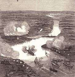 Engraving showing ships on the James River during the Battle of Drewy's Bluff
