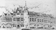 A black-and-white drawing of a range of buildings on a corner. The central corner building is in three storeys, and has two turrets with a stair tower to the right. Two buildings extend to its left and four to its right; all these are similar, with arched shop fronts in the lower storey and paired windows in the upper storey.