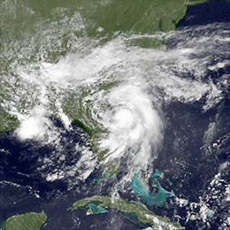 Satellite image of hurricane near the United States. Florida is depicted at the center of the image.