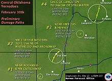 A map depicting the tracks, size and rating of four central Oklahoma tornadoes of February 10th. #1 Near Rockwell and NW Expressway was 0.75 miles (1.21 km) by 30 yards (27 m) rated EF1. #2 NW 178th and Western to 0.5 miles (0.80 km) NE of Waterloo and Broadway was 6.5 miles (10.5 km) by 75 yards (69 m) rated EF2. #3 Near highway 105 and Henney was .75 miles (1.21 km) by 20 yards (18 m) rated EF0. #4 5 miles E of Langston to 3 miles SW of Stillwater was 11 miles by 30 yards rated EF0. All four are roughly in line with #1 in the SW to #4 in the NE.