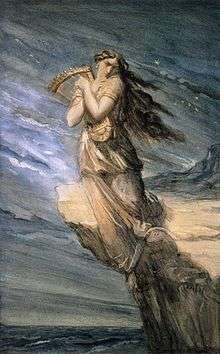 Watercolour painting depicting a woman clutching a lyre and jumping off of a cliff into the sea.