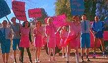 Three young women and three young men stand in a line, with an older woman and an older man. One young woman stands behind the rest, with her back to a bright pink van. The women wear vivid pink skirts and tops and the men wear vivid blue shorts and shirts. They hold placards, in bright blue and pink, which display statements including "Silly Faggots — Dicks are for Chicks" and "Procreate". One young woman, without a placard, throws a rock in front of her.