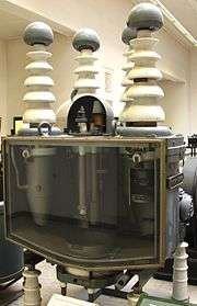 Cut-away model of early high-voltage steel-tank rectifier rated at 50 kV, 30 A