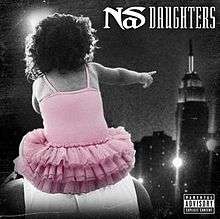 A rearview of a young girl in a pink tutu raised atop the shoulders of an older man; she points to a black-and-white cityscape in the background