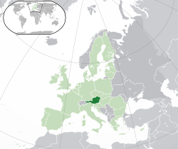 Location of &nbsp;Austria&nbsp;&nbsp;(dark green)–&nbsp;in Europe&nbsp;&nbsp;(green &&nbsp;dark grey)–&nbsp;in the European Union&nbsp;&nbsp;(green)&nbsp; –&nbsp; [Legend]