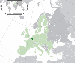 Location of Belgium (dark green)– in Europe (green & dark grey)– in the European Union (green)