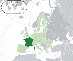 Location of metropolitan France, the European part of France (dark green)– in Europe (green & dark grey)– in the European Union (green)