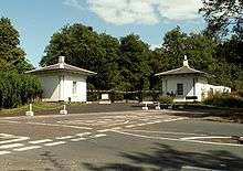 A street entrance to Great Hyde Hall (formerly just Hyde Hall), flanked by two lodges along Sawbridgeworth Road