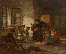 Deutsch: Lehrer in einer Grundschulklasse. Öl/Holz. 25,5 x 31 cm. Sign. und 1866 dat. Date 1866 Source Auktionshaus Zeller Eugène-François de Block (1812–1893).