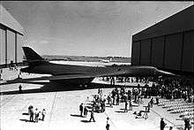 The first B-1B at its roll-out ceremony outside a hangar in Palmdale, California in 1984