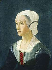 Portrait of Lucrezia Tornabuoni by Domenico Ghirlandaio at the National Gallery of Art in Washington, D.C. c. 1475. She is wearing a simple black dress and a white Wimple.