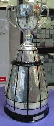 A trophy in the design of a silver cup affixed to a large, round wooden base. The base has silver plates attached to it engraved with the names of previous winners.