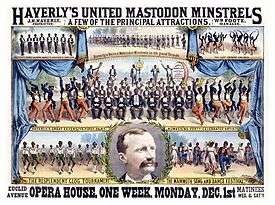 Coloured photo of head shot of a balding, moustached white male, surrounded by pictures of groups performing in blackface and framed by a proscenium curtain.