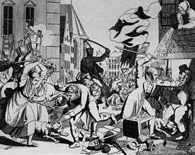 Two peasant women are assaulting a Jewish man with pitchfork and broom. A man wearing spectacles, tails, and a six-button waistcoat, perhaps a pharmacist or a schoolteacher, holds another Jewish man by the throat and is about to hit him with a stick, while a woman in a window above him throws the wet and solid contents of a basin at him, possibly the contents of a chamberpot. More chaos can be seen in the background, including a man with a raised sword and riding a horse towards the foreground.