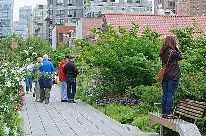 Pedestrians admiring plants along a walkway, which is surrounded by several low-rise buildings