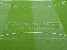 A football pitch with "Highbury 1913–2006" emblazoned on the grass: Arsenal played home matches at Highbury between those years.