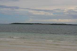 Small low green island in blue sea, at about two km. One beach can be made out.