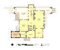 Hills House First Floor Plan in 1975/76. Alterations since 1906 are marked in orange with bold walls.