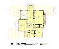 Hills House Second Floor Plan 1977. Walls, doors, and windows which were not built in the same location as before the fire are marked in bold.