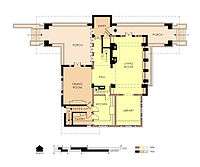 Hills House First Floor Plan in 1906. Outline of the earlier house is shown in yellow.