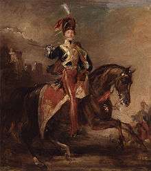 painting of man wearing British 19th century cavalry uniform astride a black horse