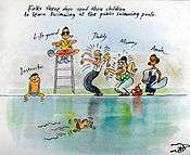 A boy swims in a pool. A man, the instructor, sits by the side. The lifeguard, wearing sunglasses, sits in his chair. The parents of the boy, stand at the side, gesticulating wildly at their child. A woman, the maid, stands beside them.