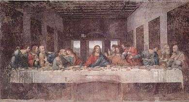 Rectangular fresco, in very damaged condition, of the Last Supper. The scene shows a table across a room which has three windows at the rear. At the centre, Jesus sits, stretching out his hands, the left palm up and the right down. Around the table, are the disciples, twelve men of different ages. They are all reacting in surprise or dismay at what Jesus has just said. The different emotional reactions and gestures are portrayed with great naturalism.