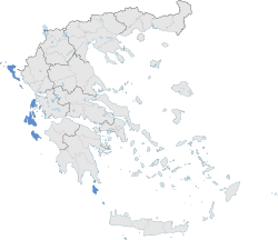 A map of Greece with the Ionian islands highlighted