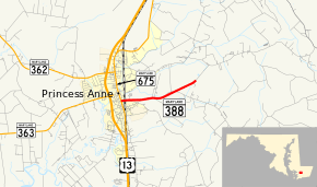 A map of lower Eastern Shore of Maryland showing major roads. Maryland Route 388 runs east from Princess Anne.