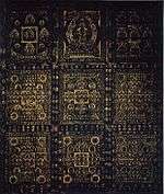 3 times 3 squares decorated with deities in frontal view in various ways. The top center square contains a large deity. The top right square contains a pattern of 3 times 3 deities. The top left square contains a central deity surrounded by a square around which four large and four small deities are arranged in circular fashion. The remaining six squares are virtually identical and contain a large number of deities arranged around a central square with 3 times 3 deities.